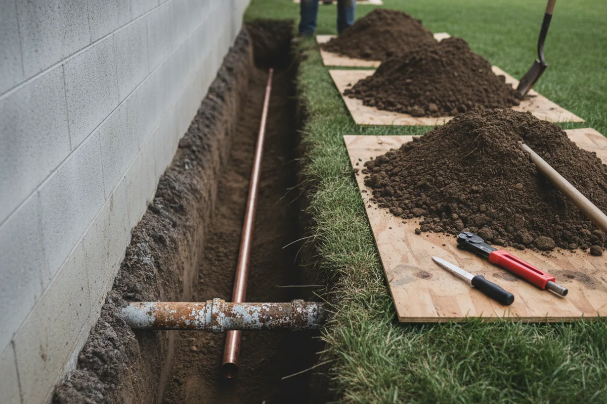 Excavated water line trench during Sewer Line Repair in Bowman